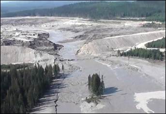 This aerial image shows Monday's Mount Polley Mine tailings dam break and some of the damage downstream. (Cariboo Regional District Emergency Operations Centre photo)